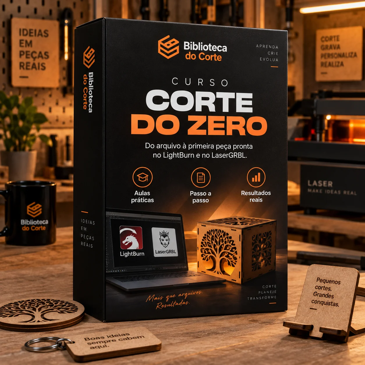Caixa do Curso Corte do Zero, com LightBurn e LaserGRBL na capa