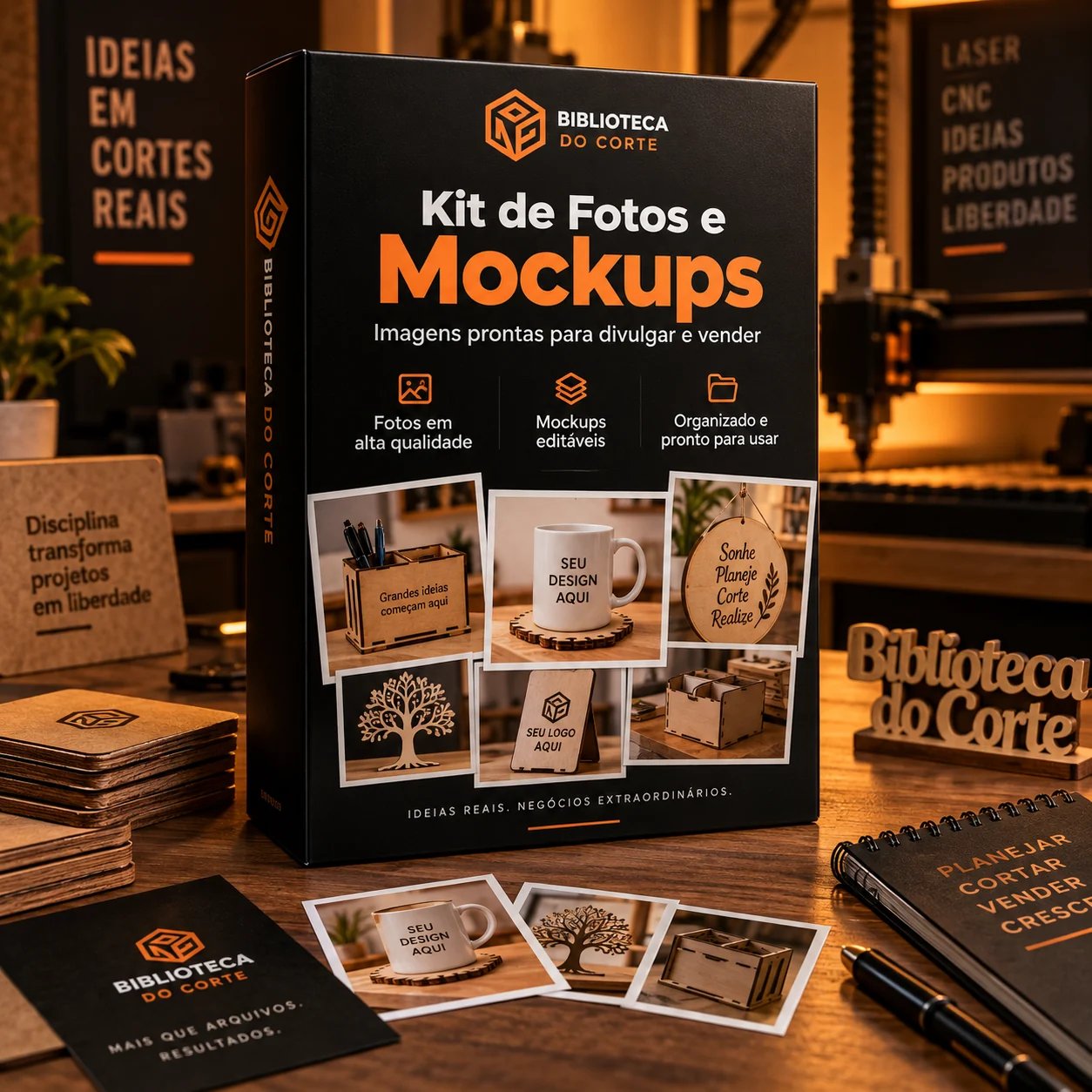 Caixa do Kit de Fotos e Mockups, com fotos de produtos cortados a laser