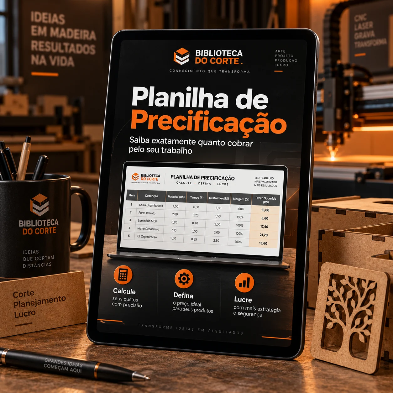 Tablet mostrando a Planilha de Precificação com custos e preço sugerido