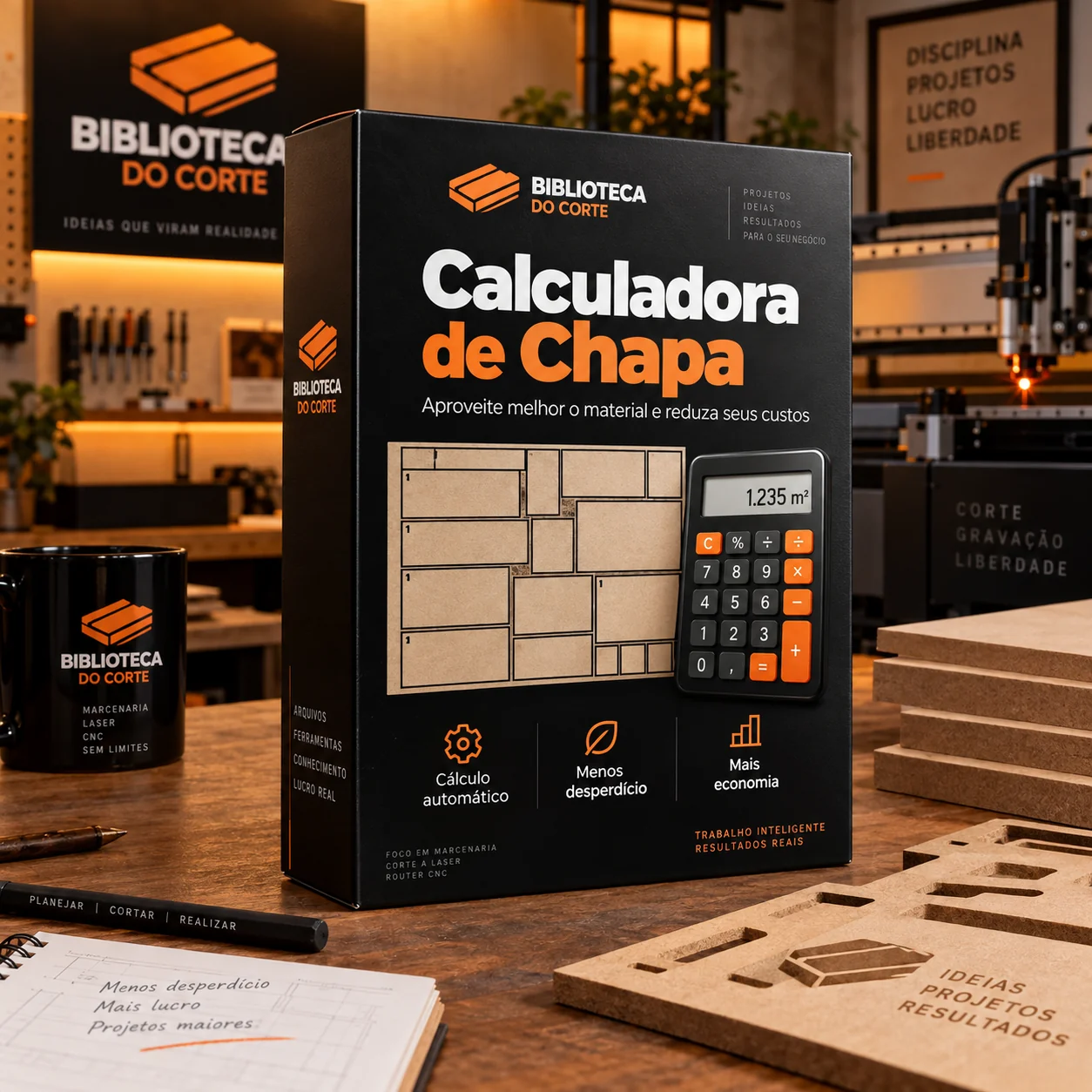 Caixa da Calculadora de Chapa, com plano de corte e aproveitamento de material