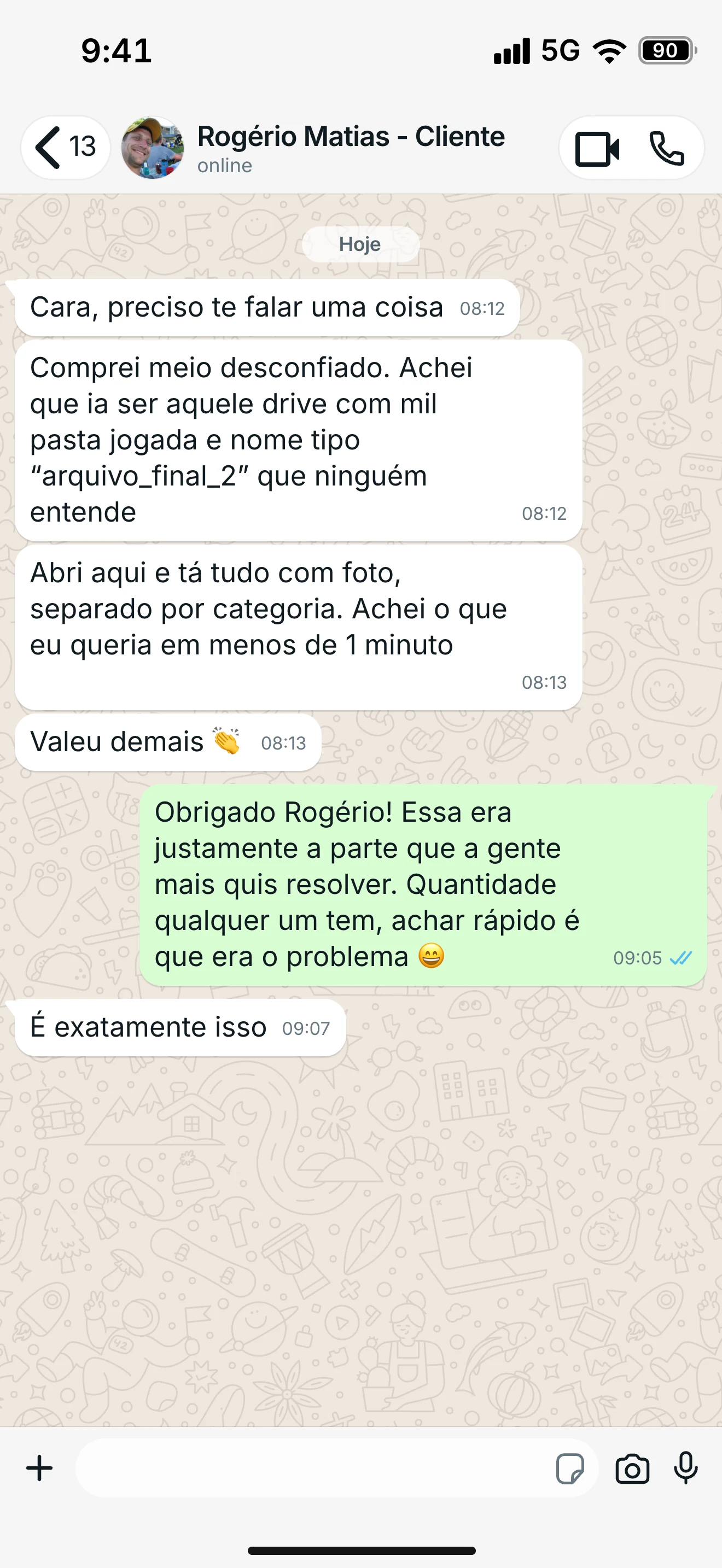 Conversa de WhatsApp com Rogério, que esperava um drive bagunçado e achou o projeto que queria em menos de um minuto