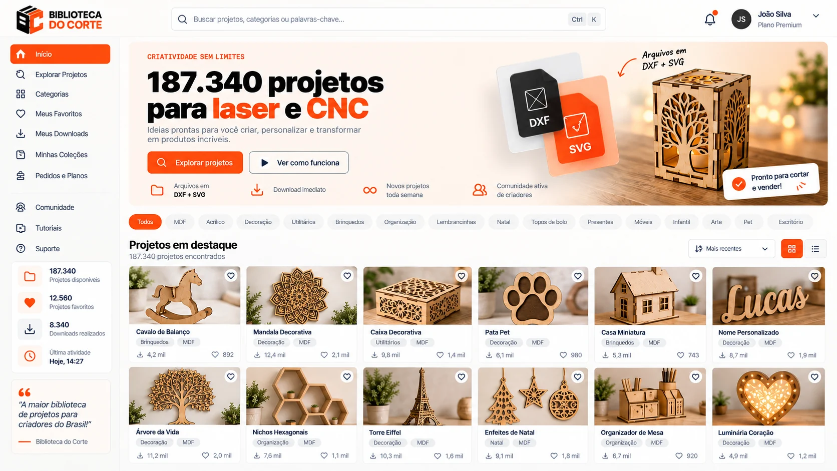 Tela inicial da Biblioteca do Corte com 187.340 projetos, categorias e projetos em destaque