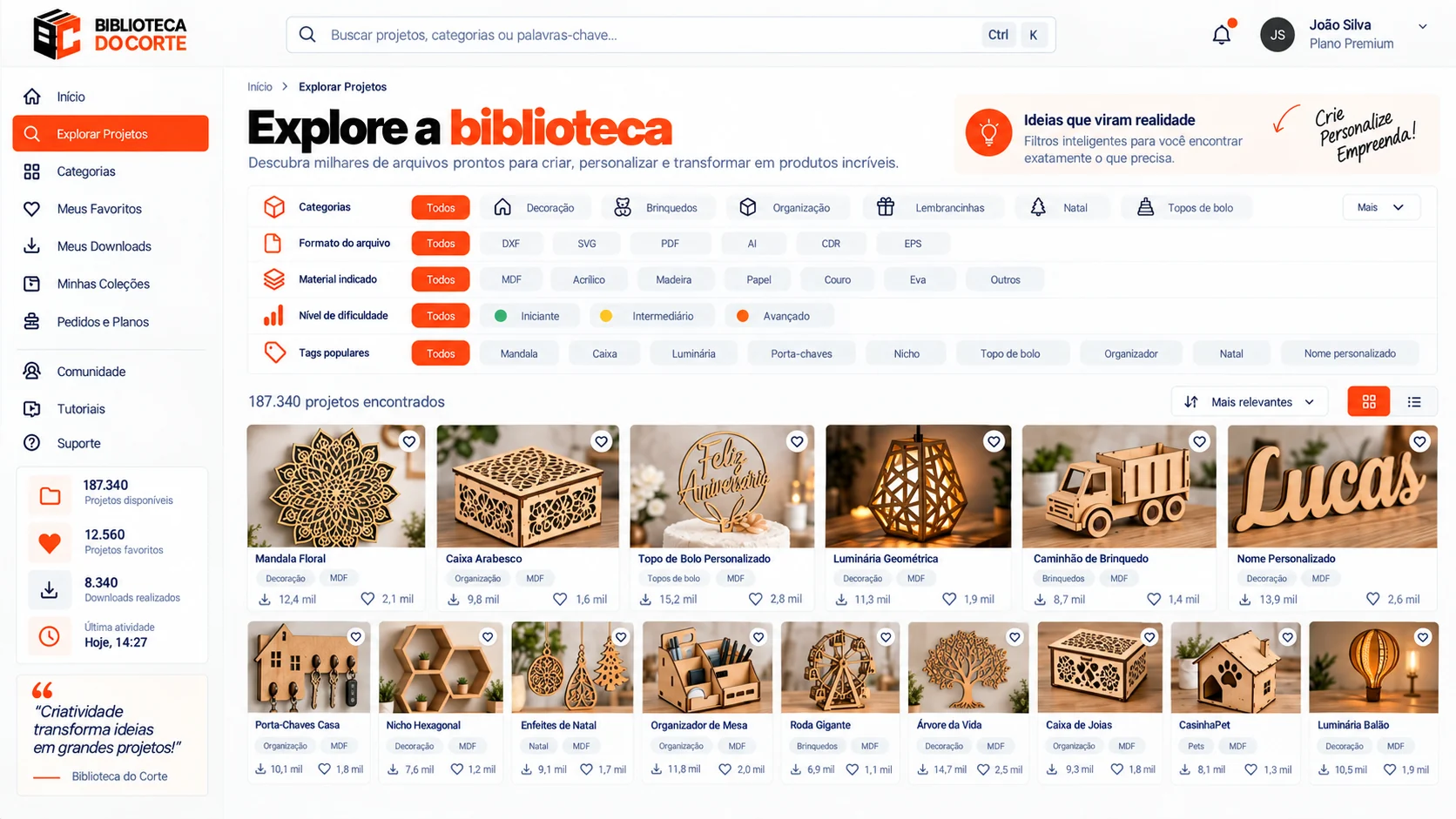 Tela de explorar projetos com filtros por categoria, formato de arquivo, material e dificuldade