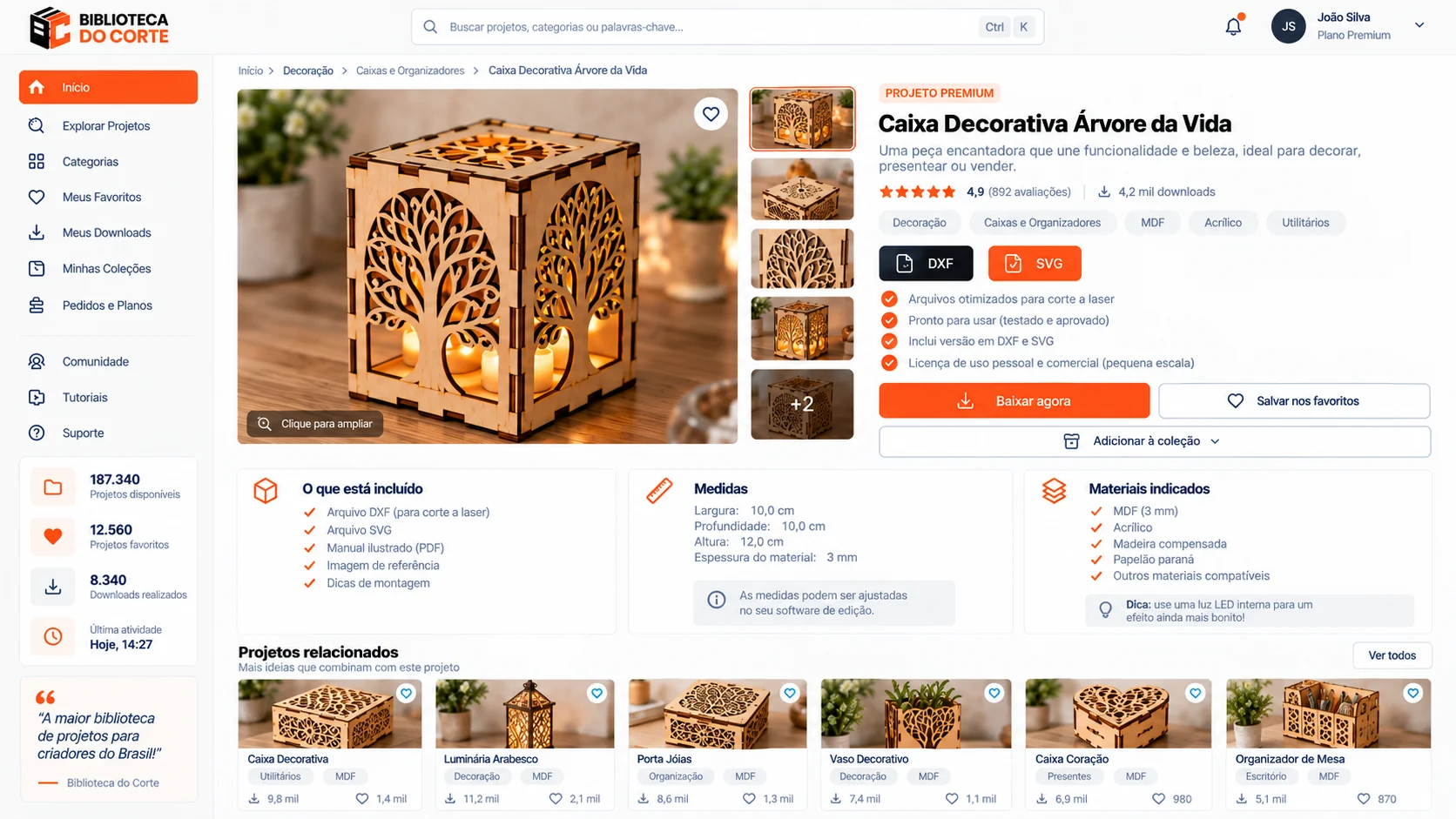 Página de um projeto com download em DXF e SVG, medidas, materiais indicados e projetos relacionados